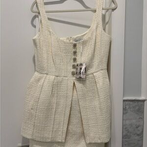 Self-Portrait Cream Textured Dress with Embellished Buttons